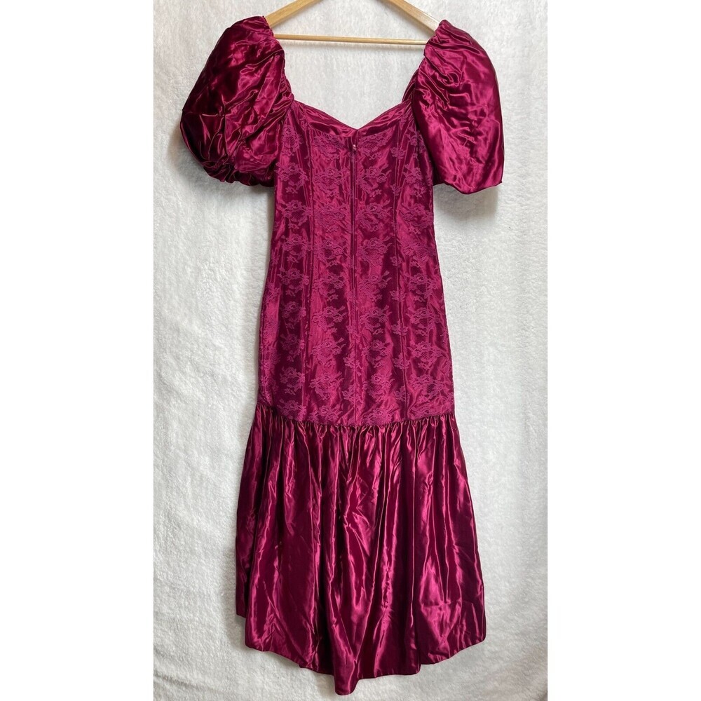 Vintage 80s Magenta Lace Satin Dress Puff Sleeve Prom Party Retro Size Small - Picture 7 of 15